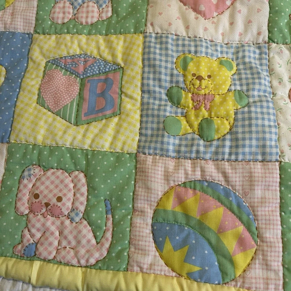 VTG Baby Blanket Pastel Animals Toys Flower Hand Stitched Quilted 80s Nursery